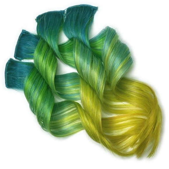 Remy Human Hair Extensions Clip in Galaxy Hairstyles Green Blue Yellow Colormet